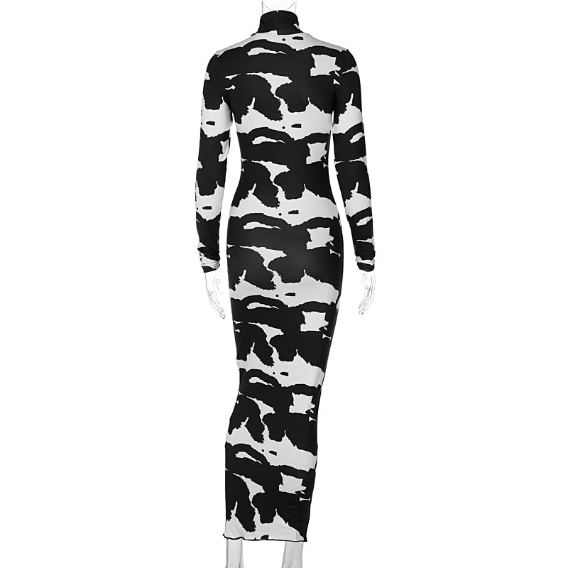Long Sleeve Printed Bodycon Pencil Long Dress