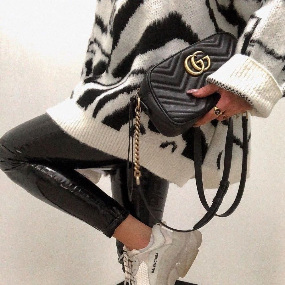 White Raised Collar Animal Print Oversized Knit Sweater