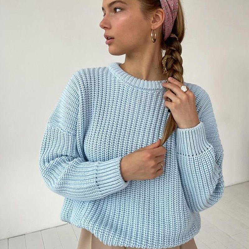 Mock Neck Chunky Ribbed Knit Long Sleeve Cropped Sweater