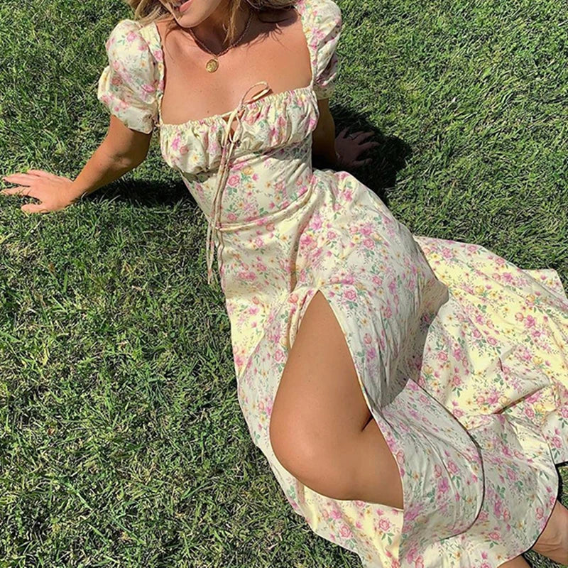 Puff Sleeve Square Neck Floral Dress