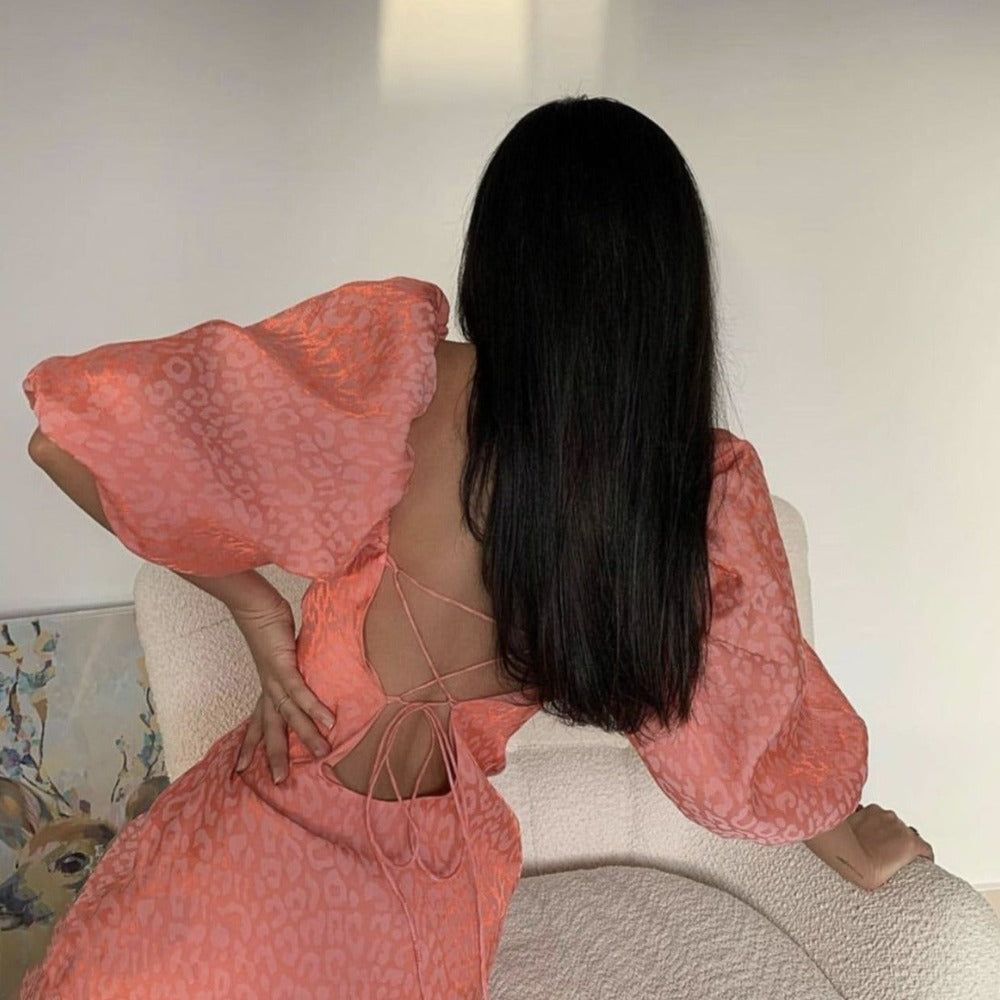 Pink Puff Sleeve Lace-Up Open Back Textured Jacquard Mini Dress