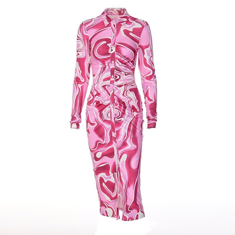 Pink Collared Long Sleeve Abstract Print Button Up Ruched Shirt Midi Dress