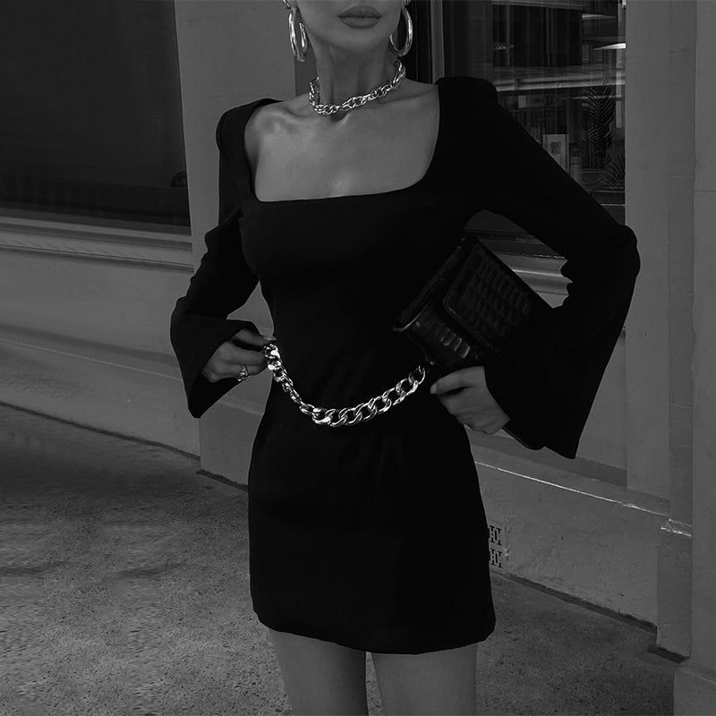 Black Long Sleeve Open Back Chain Waist Bodycon Mini Dress