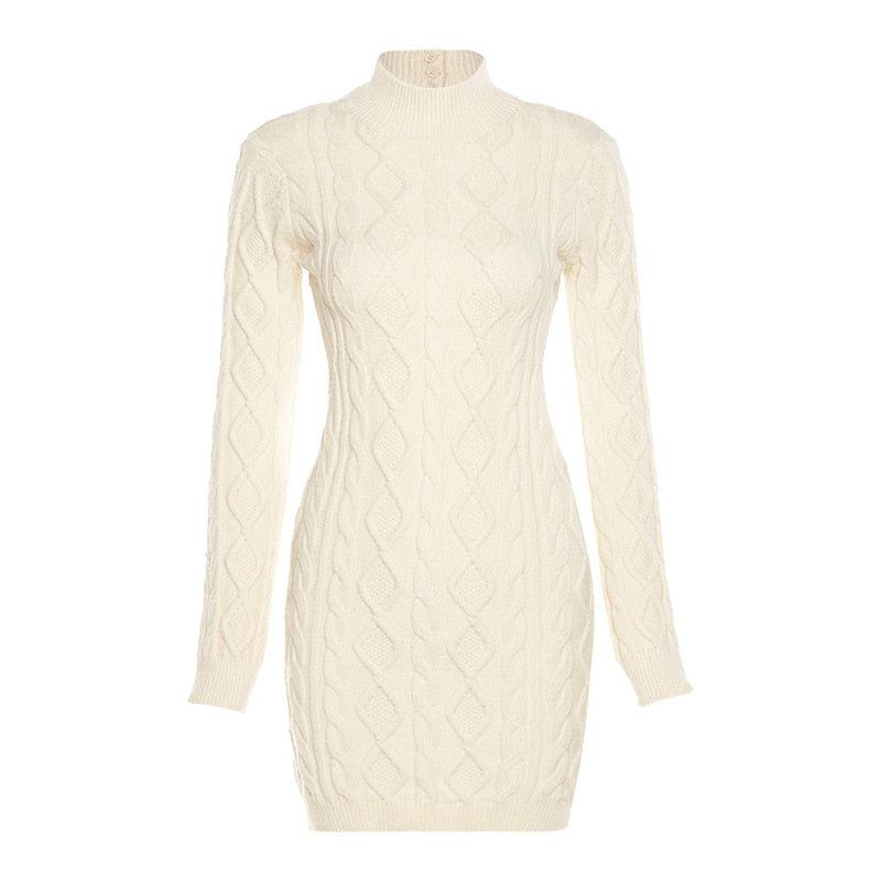 Beige Long Sleeve Cable Knit Backless Bodycon Mini Dress 10