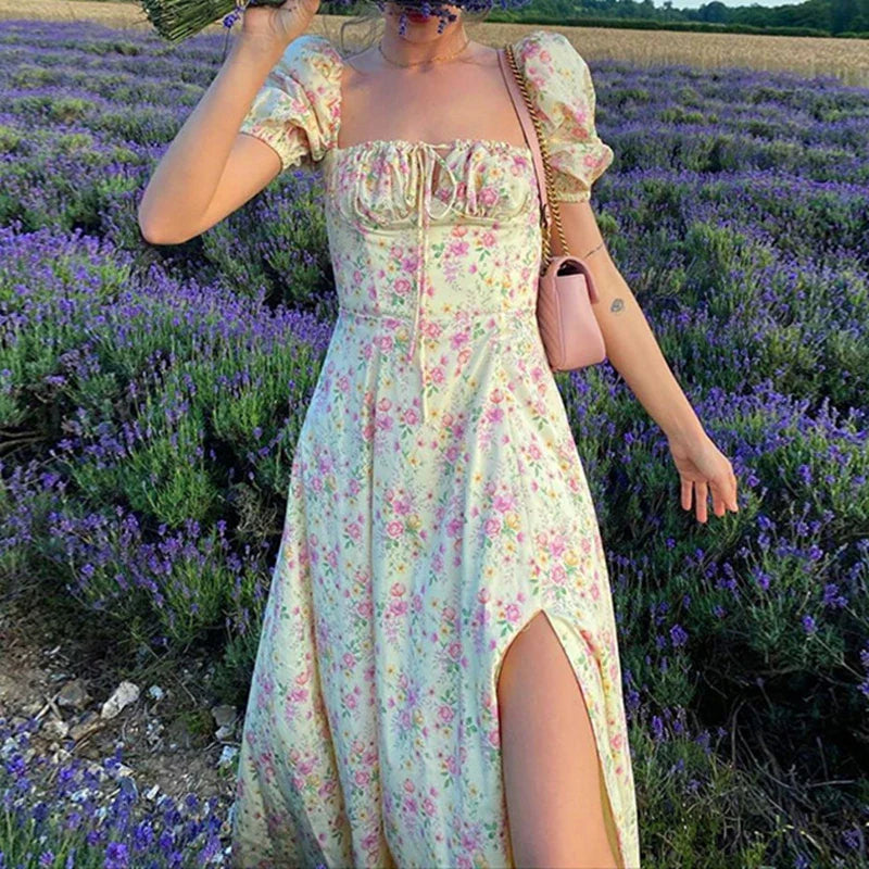 Puff Sleeve Square Neck Floral Dress