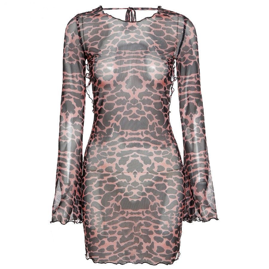 Animal Print Leopard Print Backless Long Sleeve Sheer Mesh Mini Dress