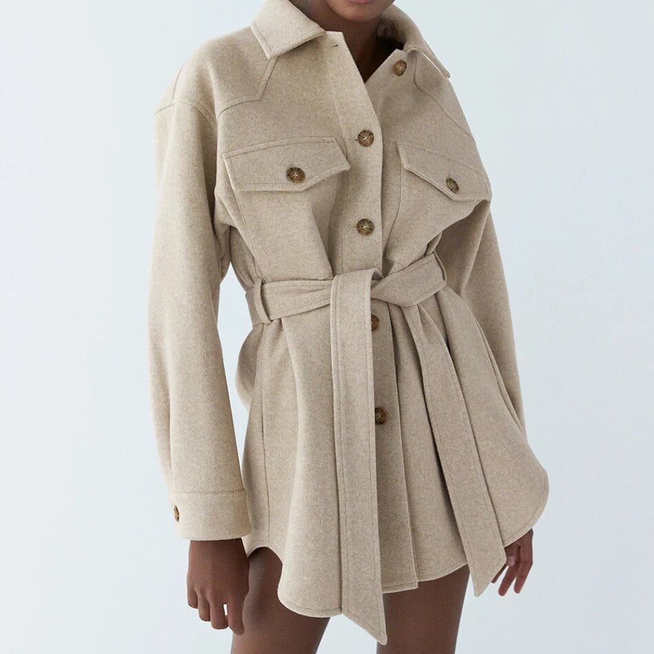 Beige Collared Pocket Front Belted Wool Shirt Jacket 2