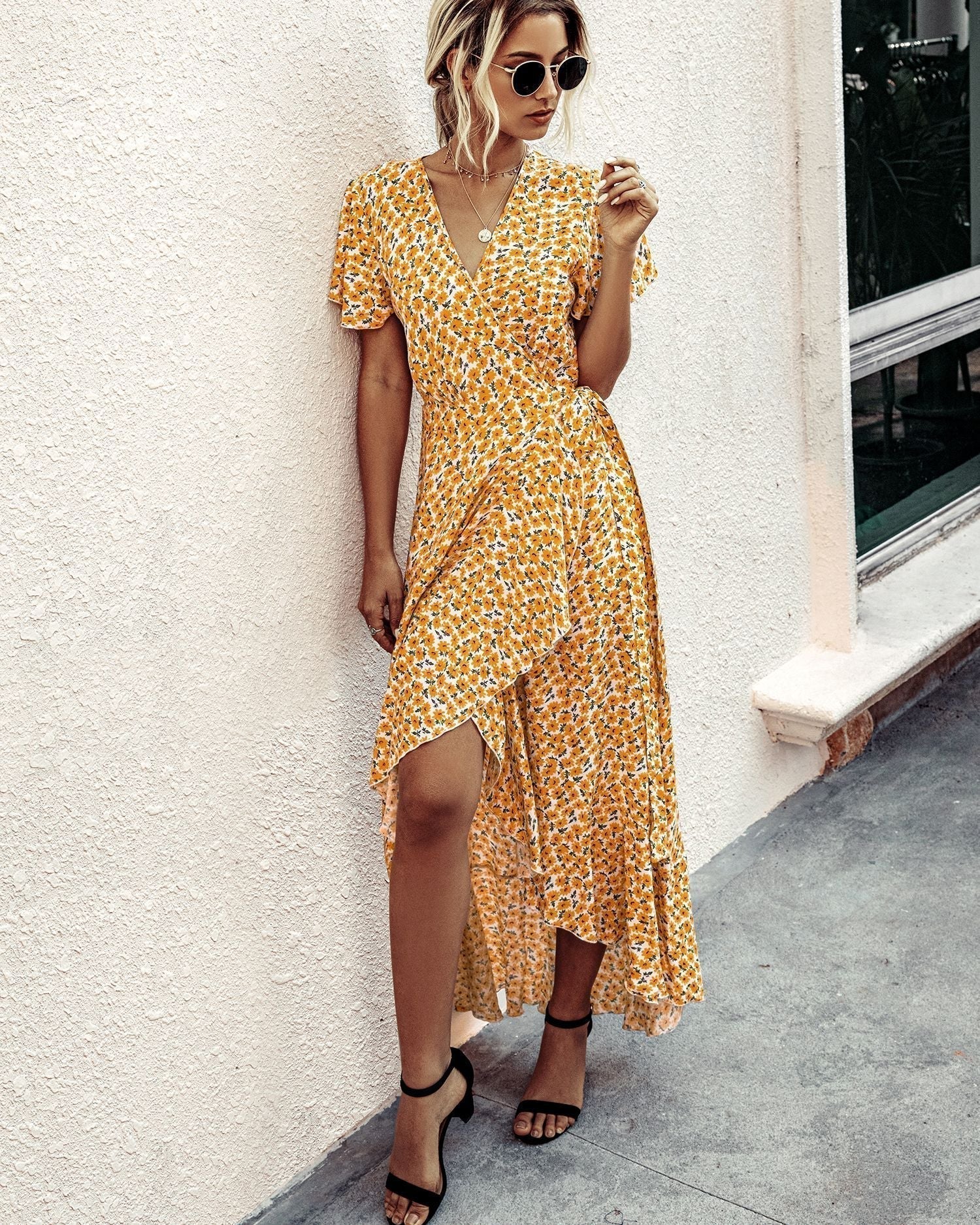 Pink Polka Dot V-Neck Ruffle Short-Sleeved Beach Vacation Summer Dress Xl / Orange Dresses