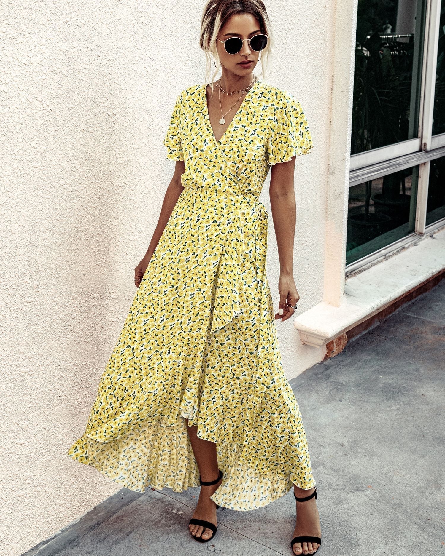 Pink Polka Dot V-Neck Ruffle Short-Sleeved Beach Vacation Summer Dress
