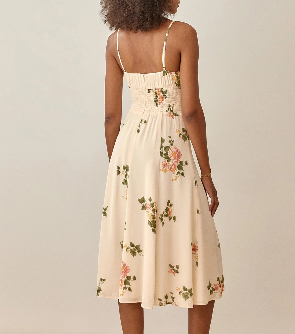 Women Summer Smocked Elastic Waist Tie Neck Sleeveless Spaghetti Strap Beach Dress