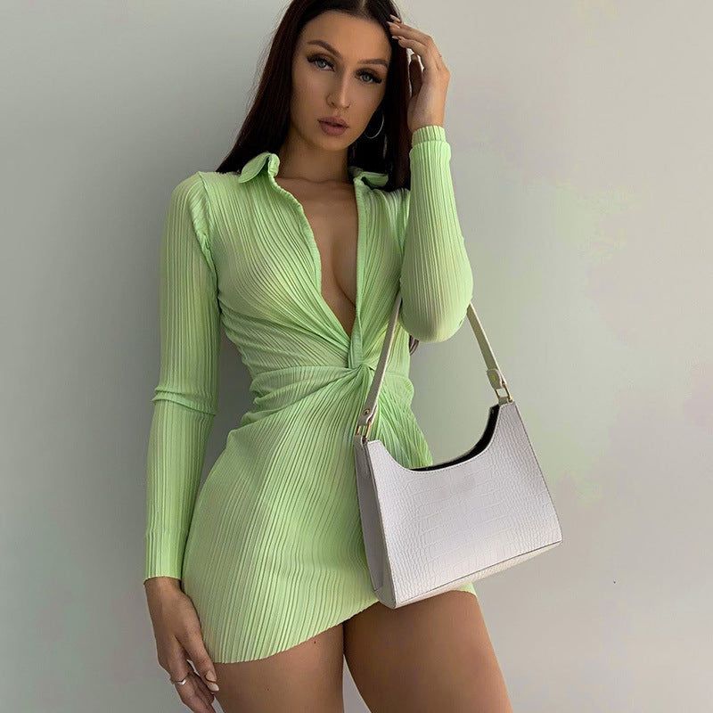 Collared Plunge Neck Twist Front Long Sleeve Ribbed Bodycon Mini Dress