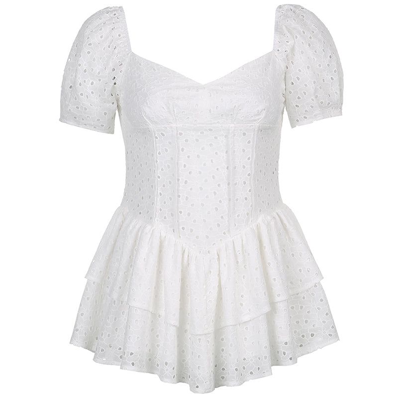 Sweetheart Neck Puff Sleeve Eyelet Tiered Ruffle Mini Dress