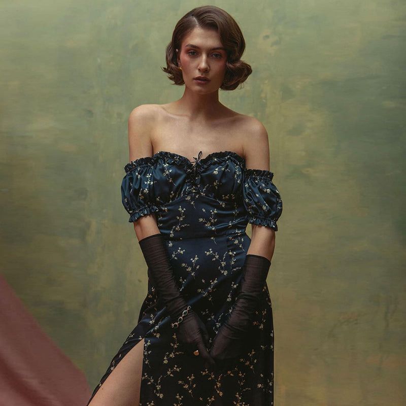 Off-Shoulder Puff Sleeve Floral Ruched Side Slit Midi Dress