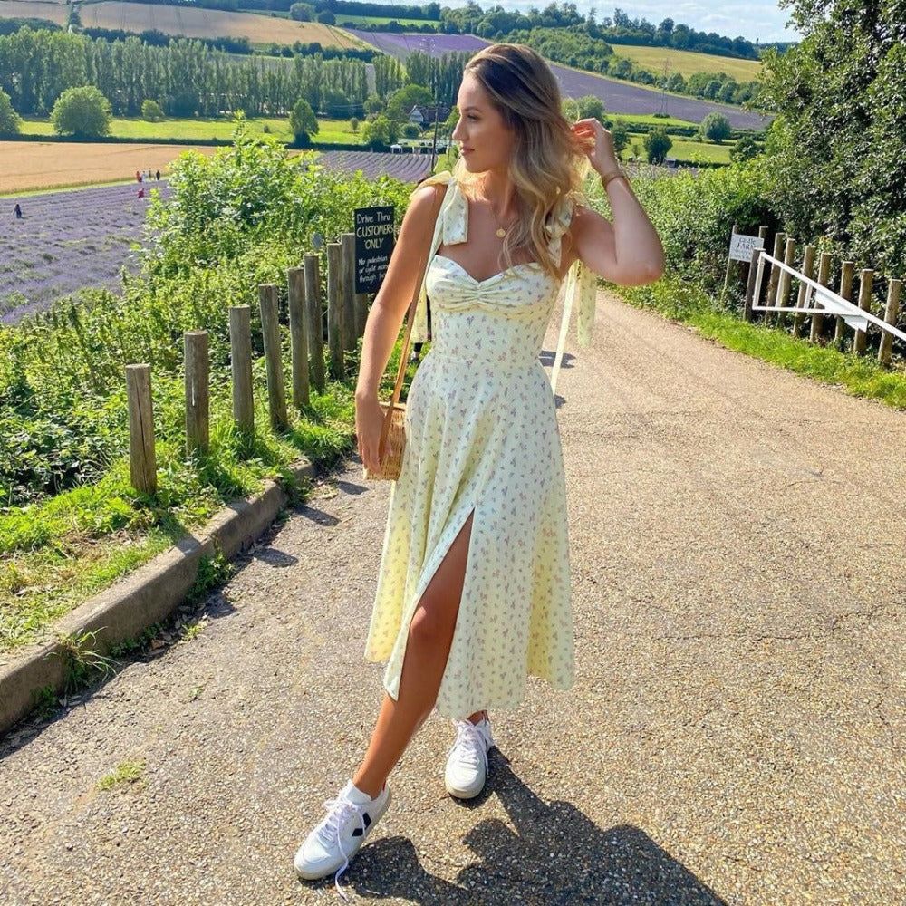 Yellow Sweetheart Tie Strap Floral Ruched Side Slit Maxi Dress