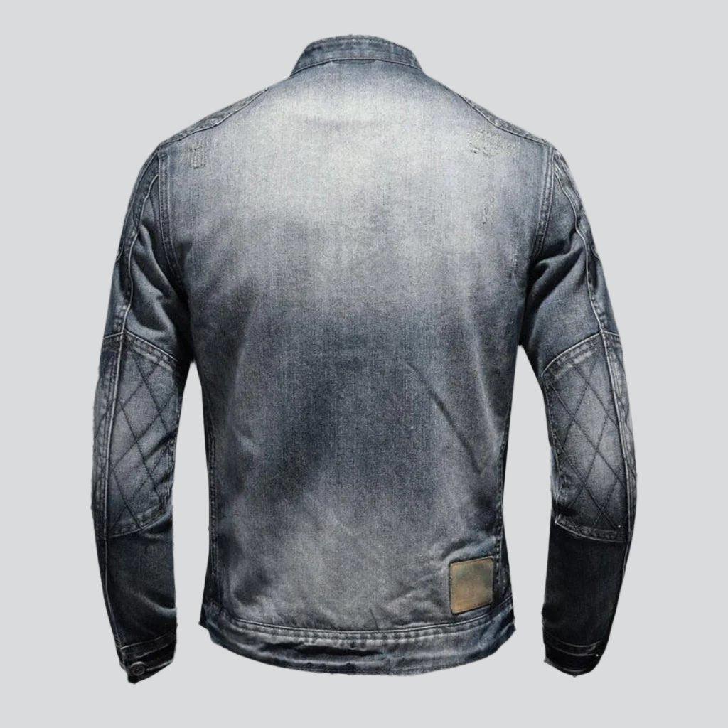 Blue Stand Collar Zip Front Washed Biker Denim Jacket