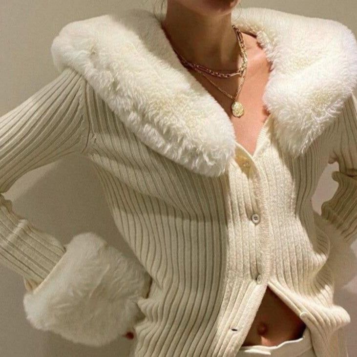 Faux Fur Collar Ribbed Knit Cropped Cardigan