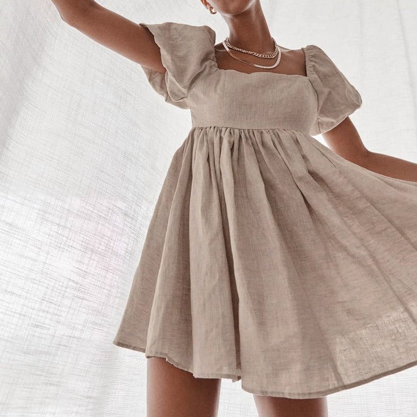 Khaki Square Neck Puff Sleeve Linen Babydoll A-Line Mini Dress