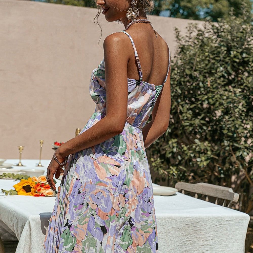 Purple V-Neck Spaghetti Strap Floral Print Pleated A-Line Midi Dress