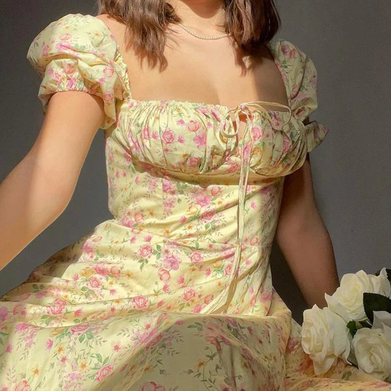 Puff Sleeve Square Neck Floral Dress