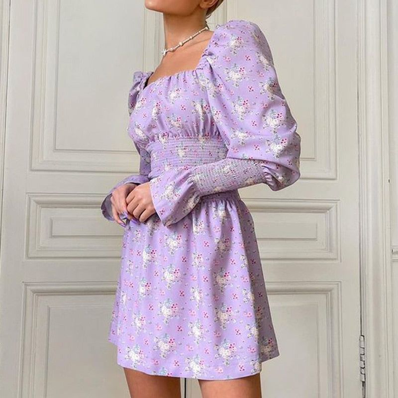 Purple Square Neck Puff Sleeve Floral Smocked Waist A-Line Mini Dress