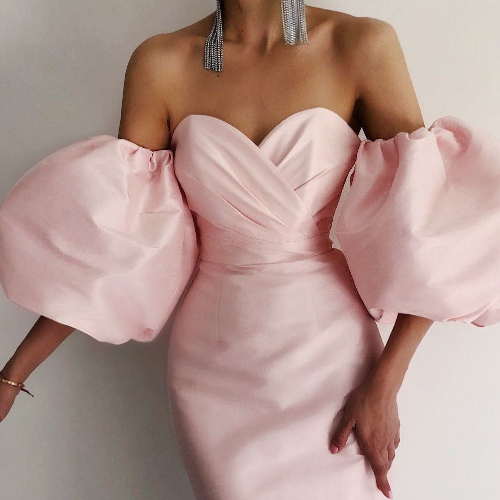 Pink Sweetheart Puff Sleeve Satin Bodycon Midi Dress