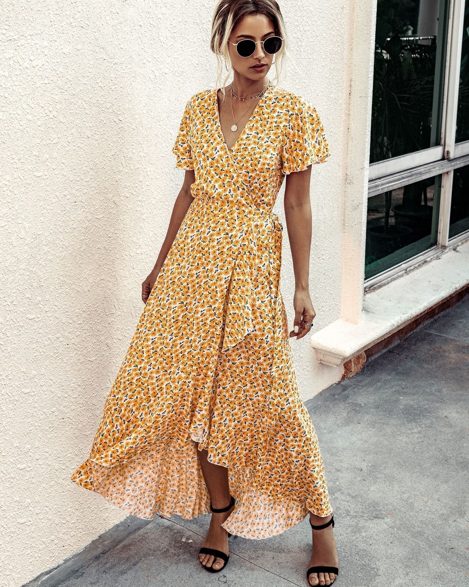 Pink Polka Dot V-Neck Ruffle Short-Sleeved Beach Vacation Summer Dress L / Yellow Dresses