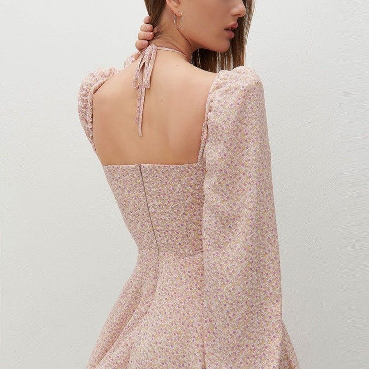 Square Neck Floral Puff Sleeve Tie Front A-Line Mini Dress