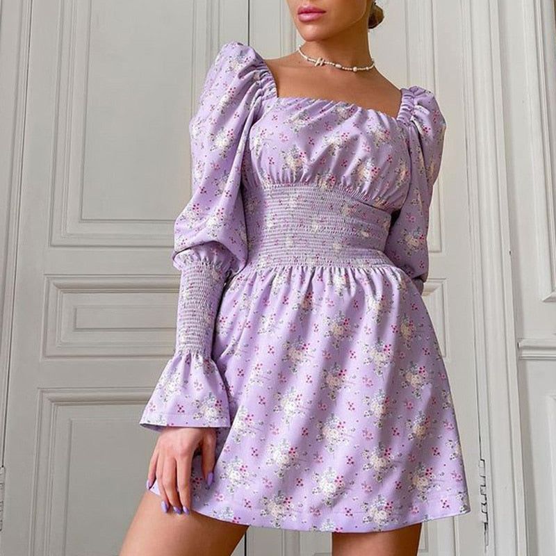 Purple Square Neck Puff Sleeve Floral Smocked Waist A-Line Mini Dress