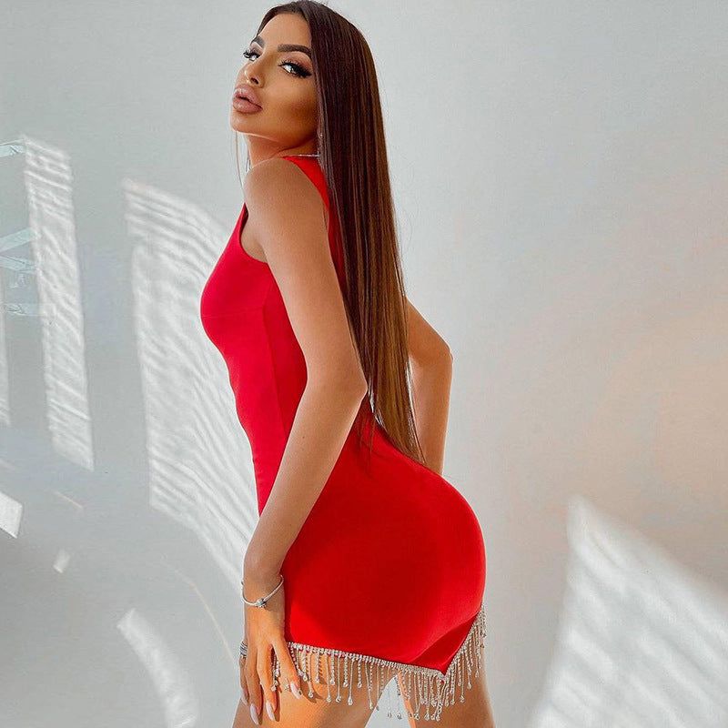 Mock Neck Sleeveless Rhinestone Tassel Hem Bodycon Mini Dress 6