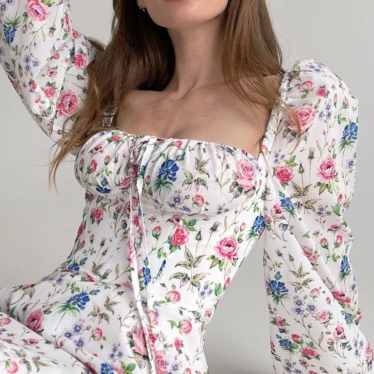 Floral Halter Tie Puff Sleeve Sweetheart A-Line Mini Dress
