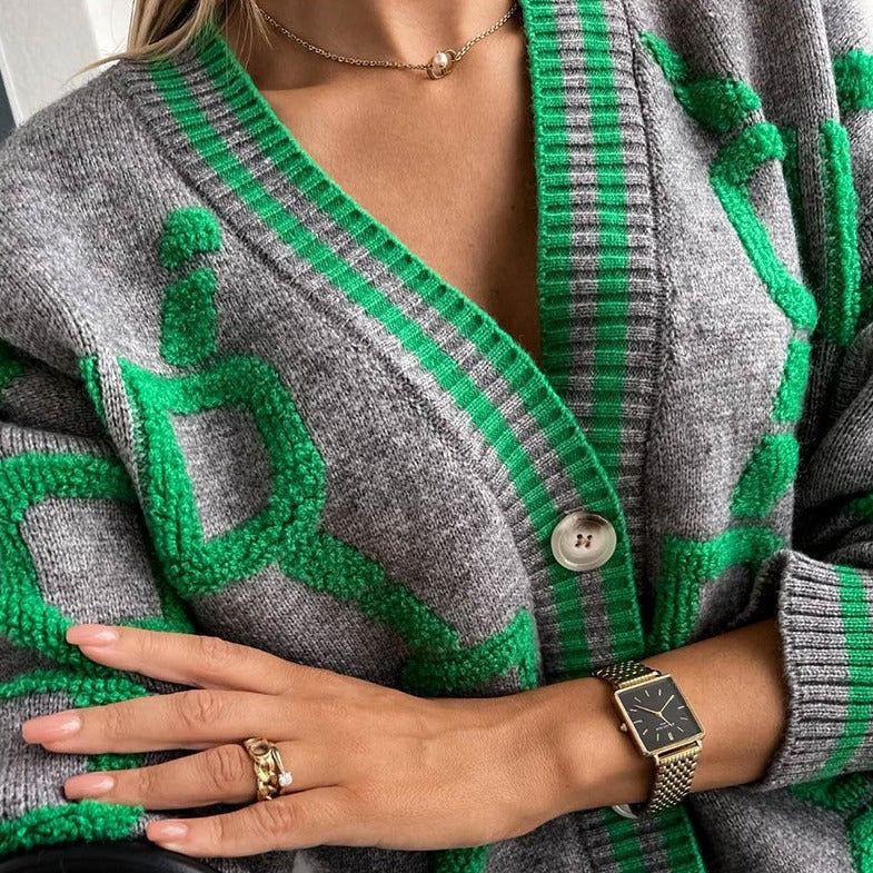V-Neck Button Front Geometric Pattern Knit Cardigan