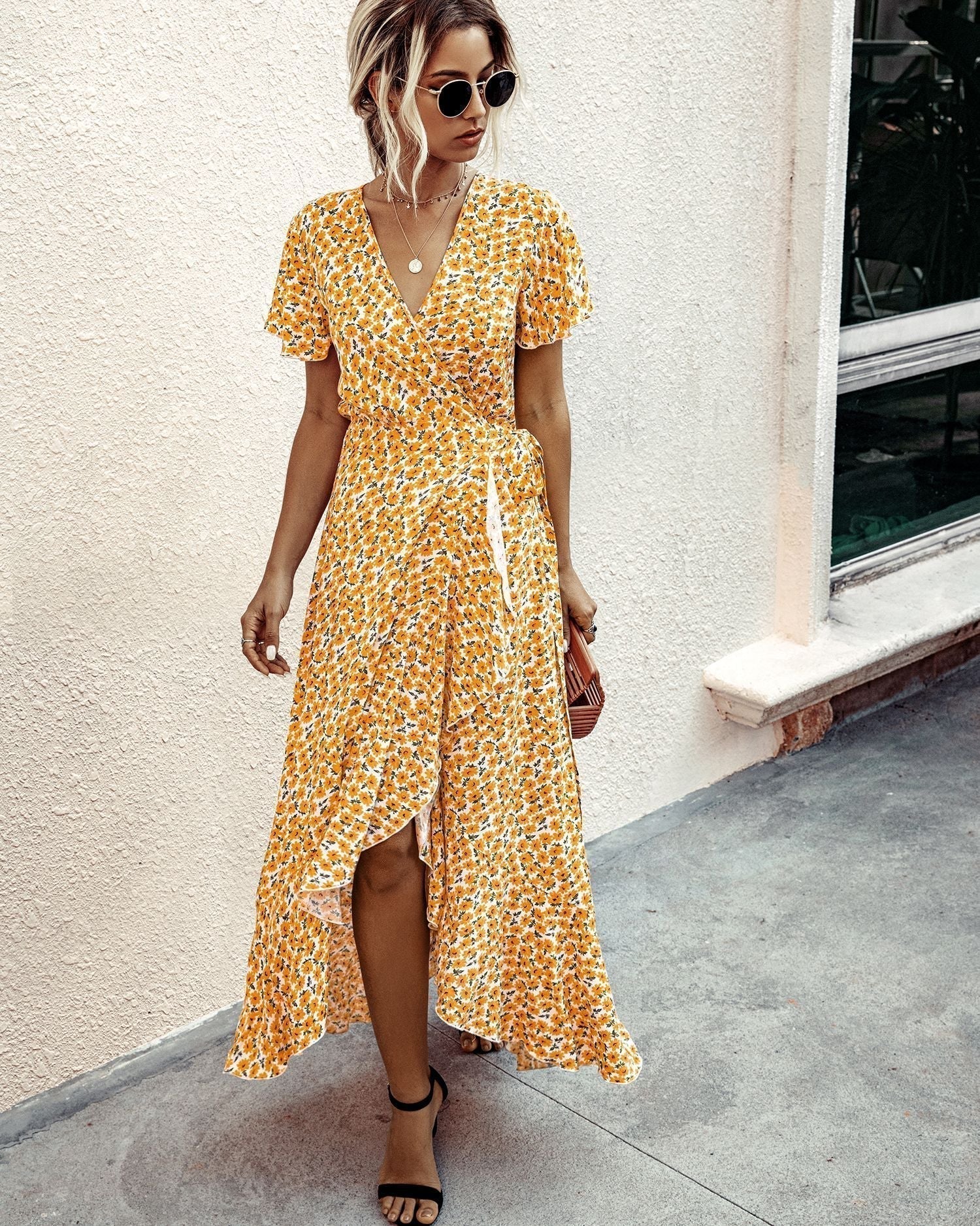Pink Polka Dot V-Neck Ruffle Short-Sleeved Beach Vacation Summer Dress Xxl / Yellow Dresses