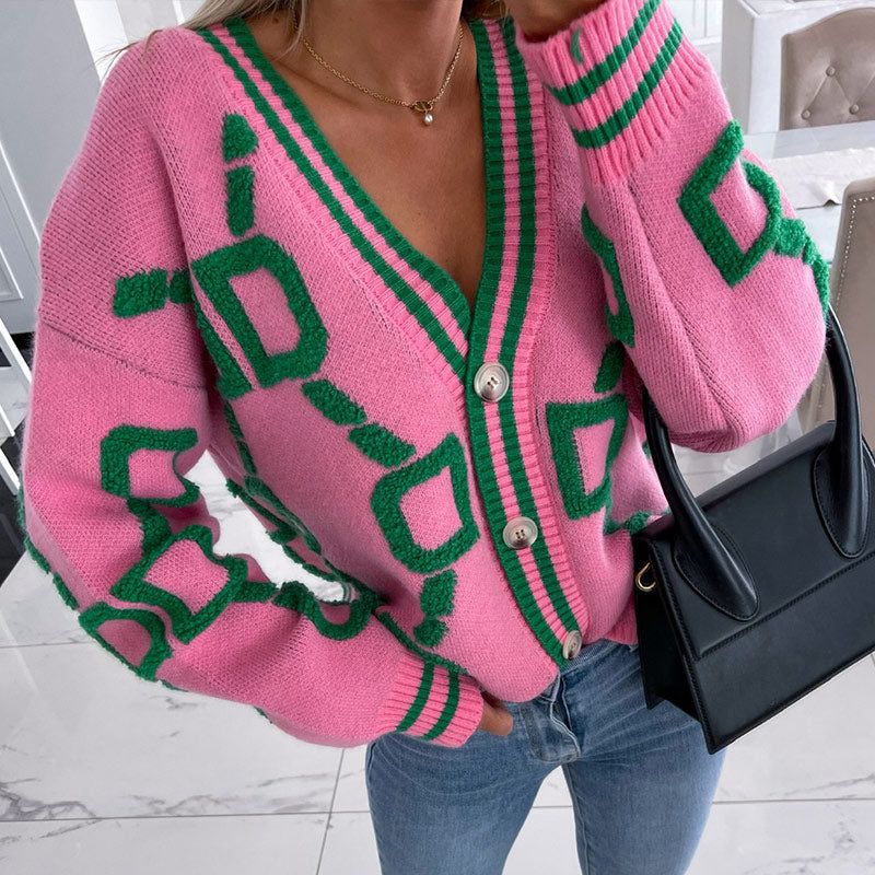 V-Neck Button Front Geometric Pattern Knit Cardigan
