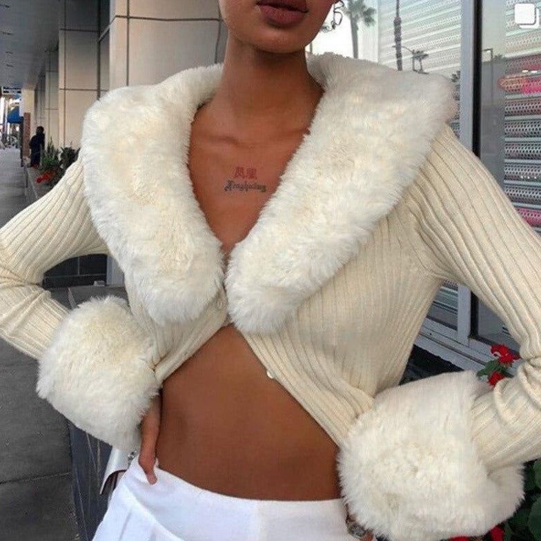 Faux Fur Collar Ribbed Knit Button Front Cardigan