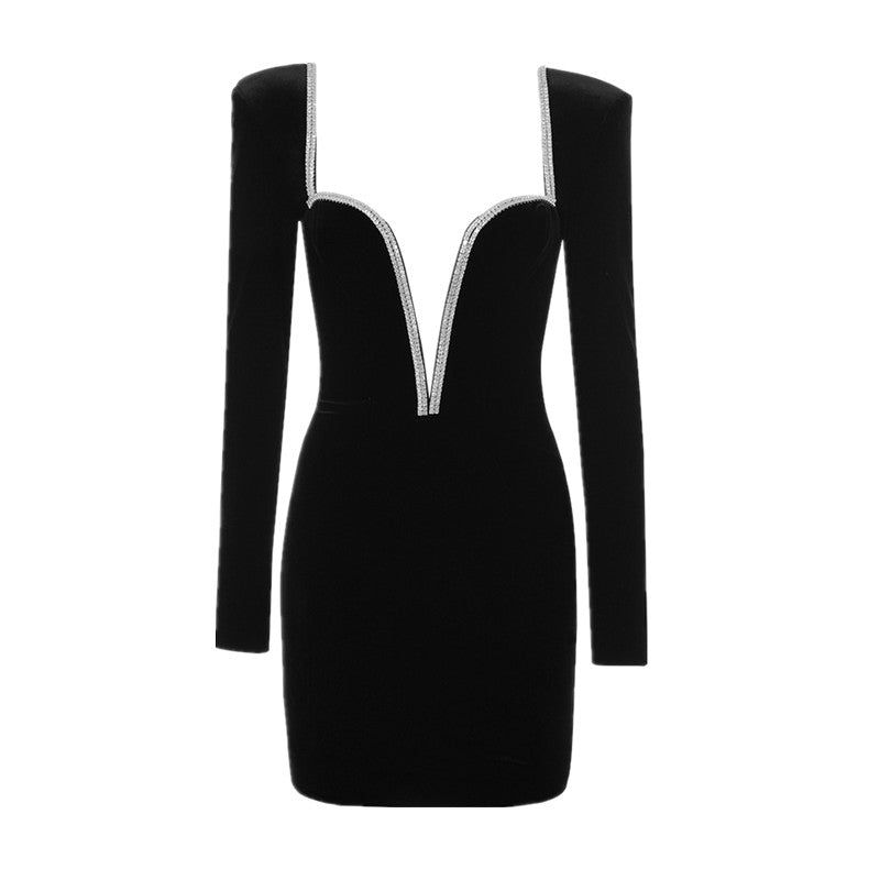 Black Plunge V-Neck Rhinestone Trim Velvet Long Sleeve Bodycon Mini Dress