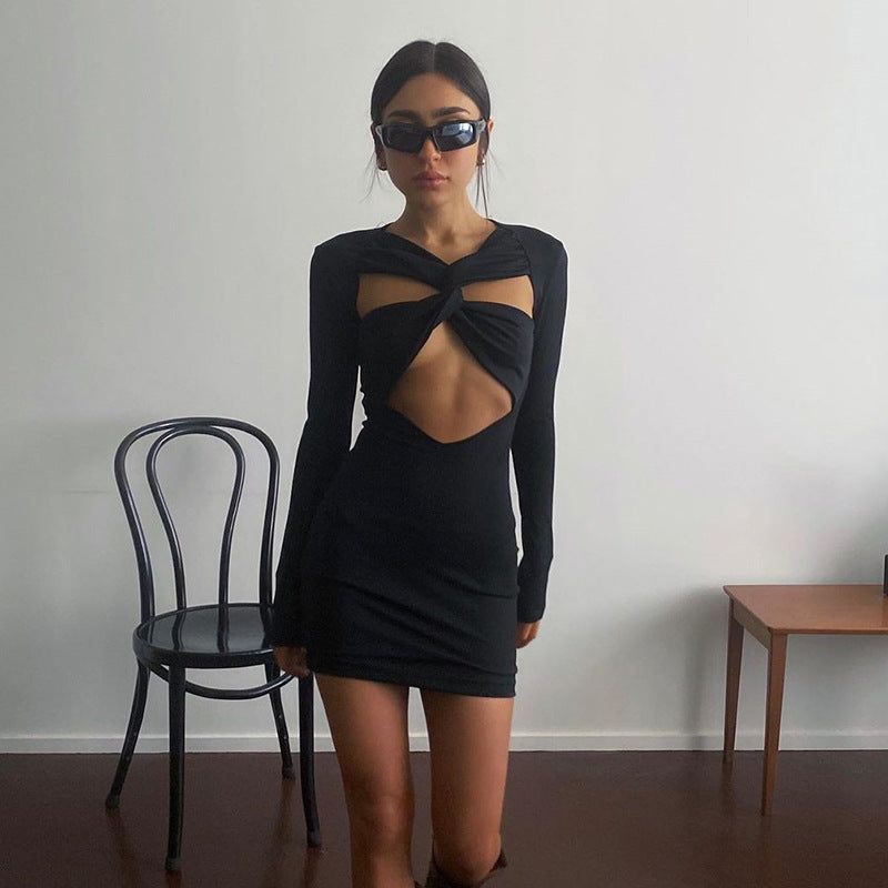 Black Twist Front Cutout Long Sleeve Bodycon Mini Dress