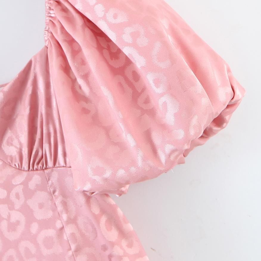 Pink Puff Sleeve Lace-Up Open Back Textured Jacquard Mini Dress