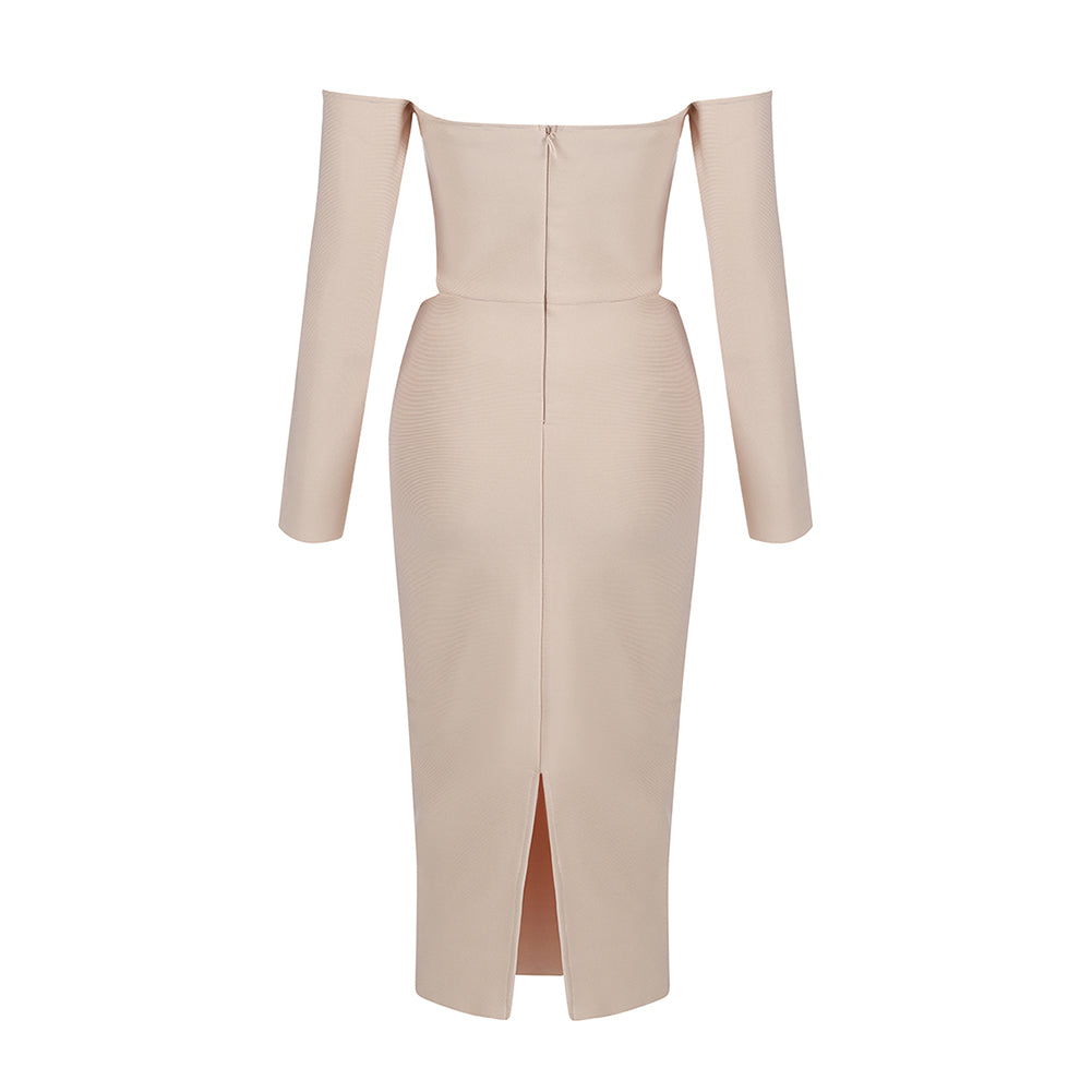 Off Shoulder Long Sleeve Cut Out Midi Bandage Dress HB7766