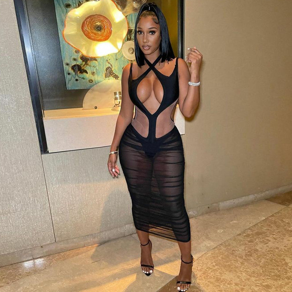 Strappy Sleeveless Mesh Midi Bandage Dress