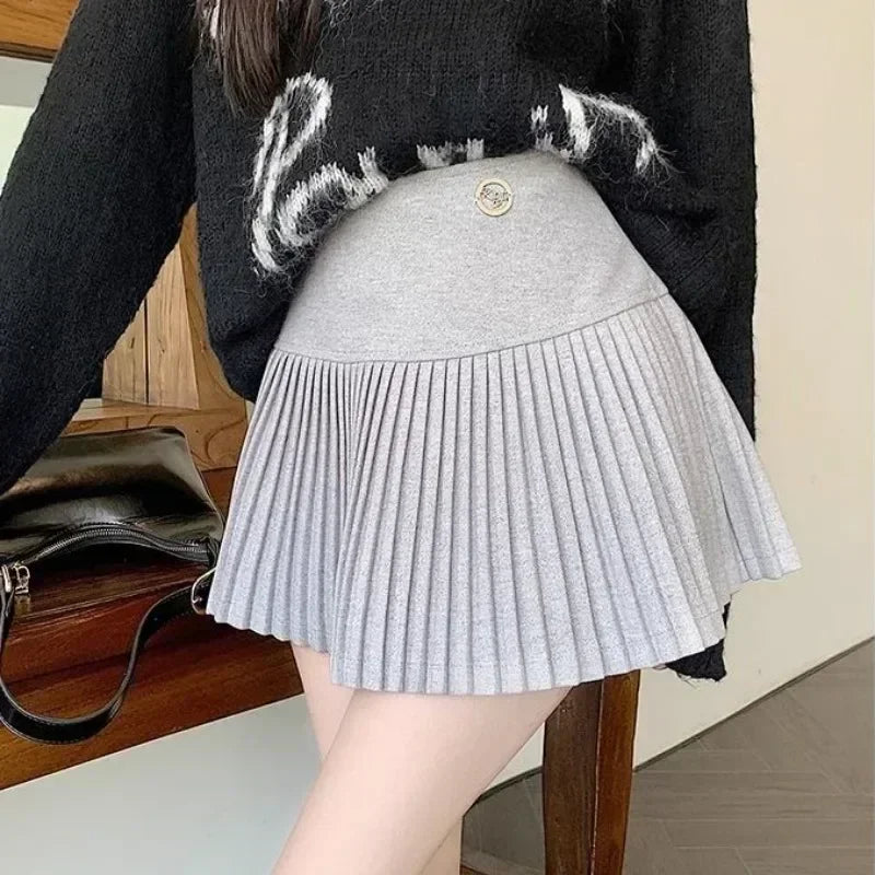 Woolen Pleated Cute Sexy High Waist Aline Patchwork Vintage Skirt