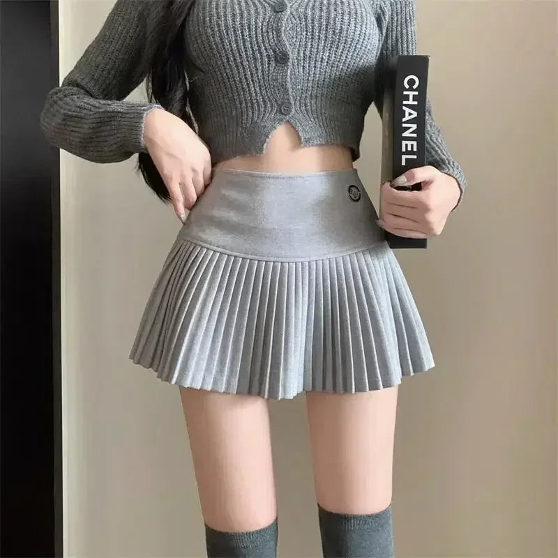 Woolen Pleated Cute Sexy High Waist Aline Patchwork Vintage Skirt