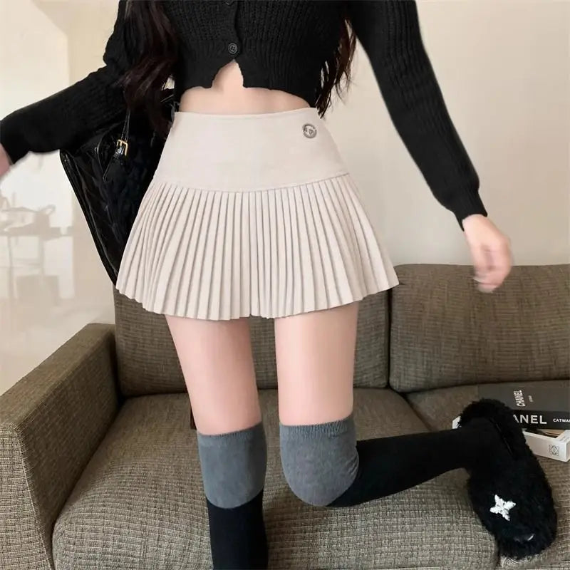 Woolen Pleated Cute Sexy High Waist Aline Patchwork Vintage Skirt