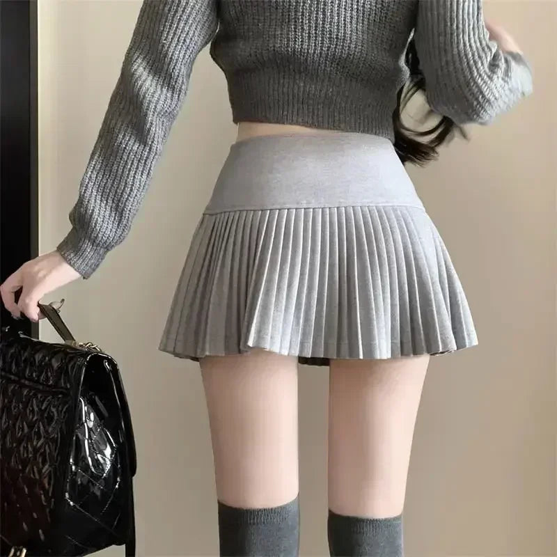 Woolen Pleated Cute Sexy High Waist Aline Patchwork Vintage Skirt
