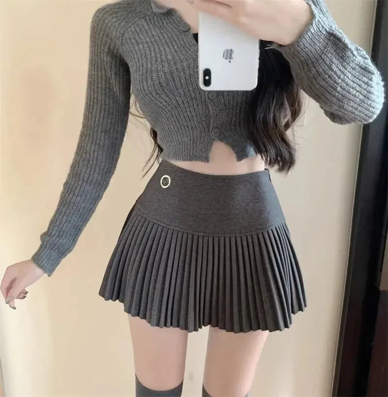 Woolen Pleated Cute Sexy High Waist Aline Patchwork Vintage Skirt