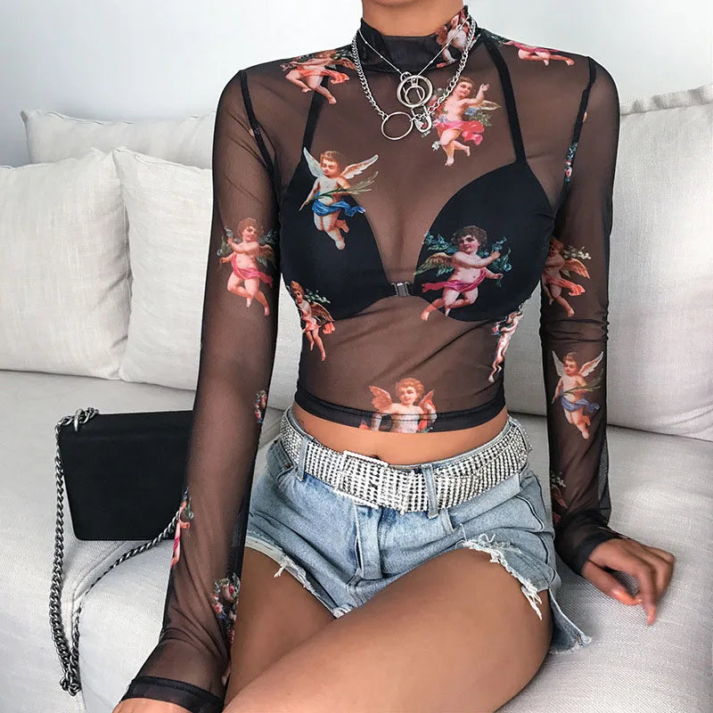 Sexy Mesh Long Sleeve Sheer Top