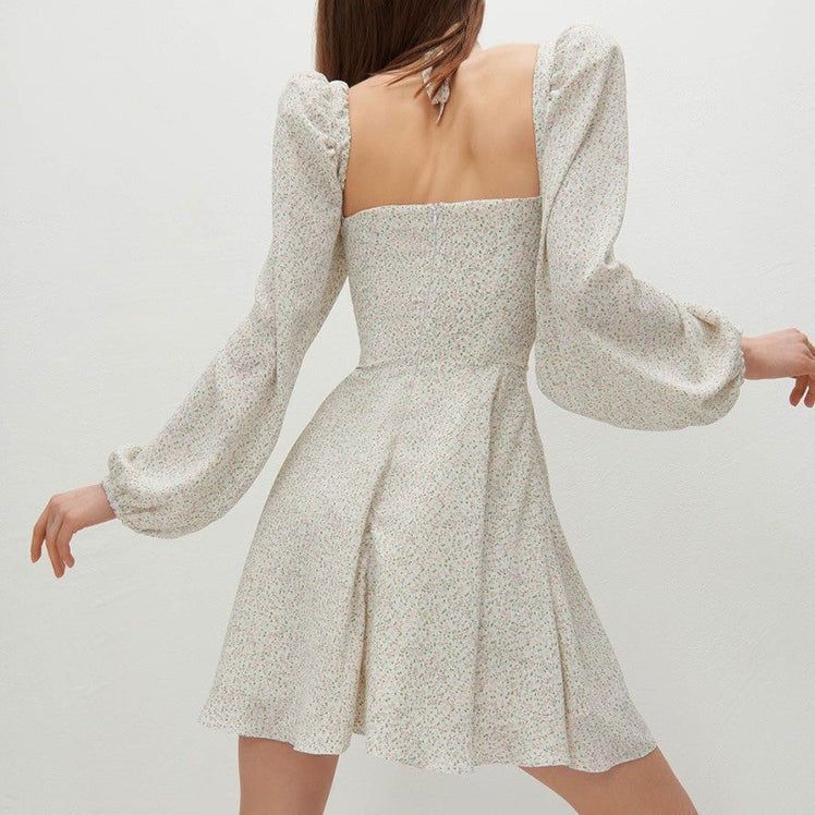 Floral Halter Tie Puff Sleeve Sweetheart A-Line Mini Dress