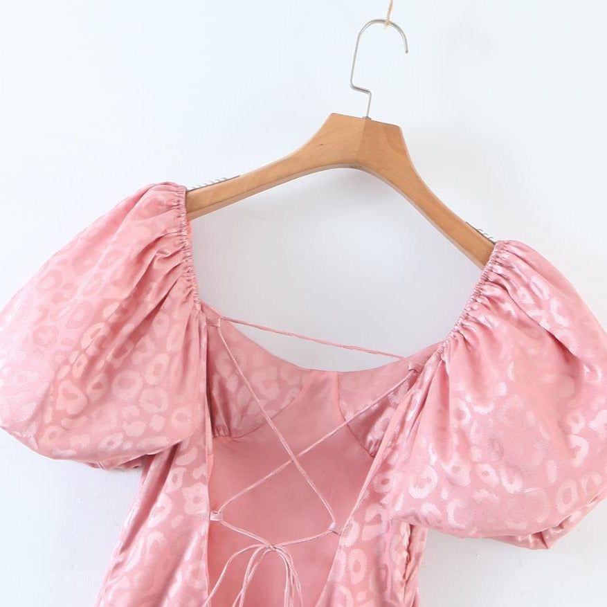 Pink Puff Sleeve Lace-Up Open Back Textured Jacquard Mini Dress