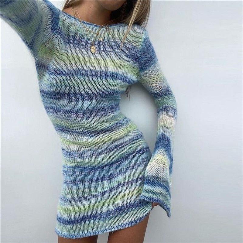 Blue Boat Neck Striped Open Knit Flared Sleeve Bodycon Mini Dress
