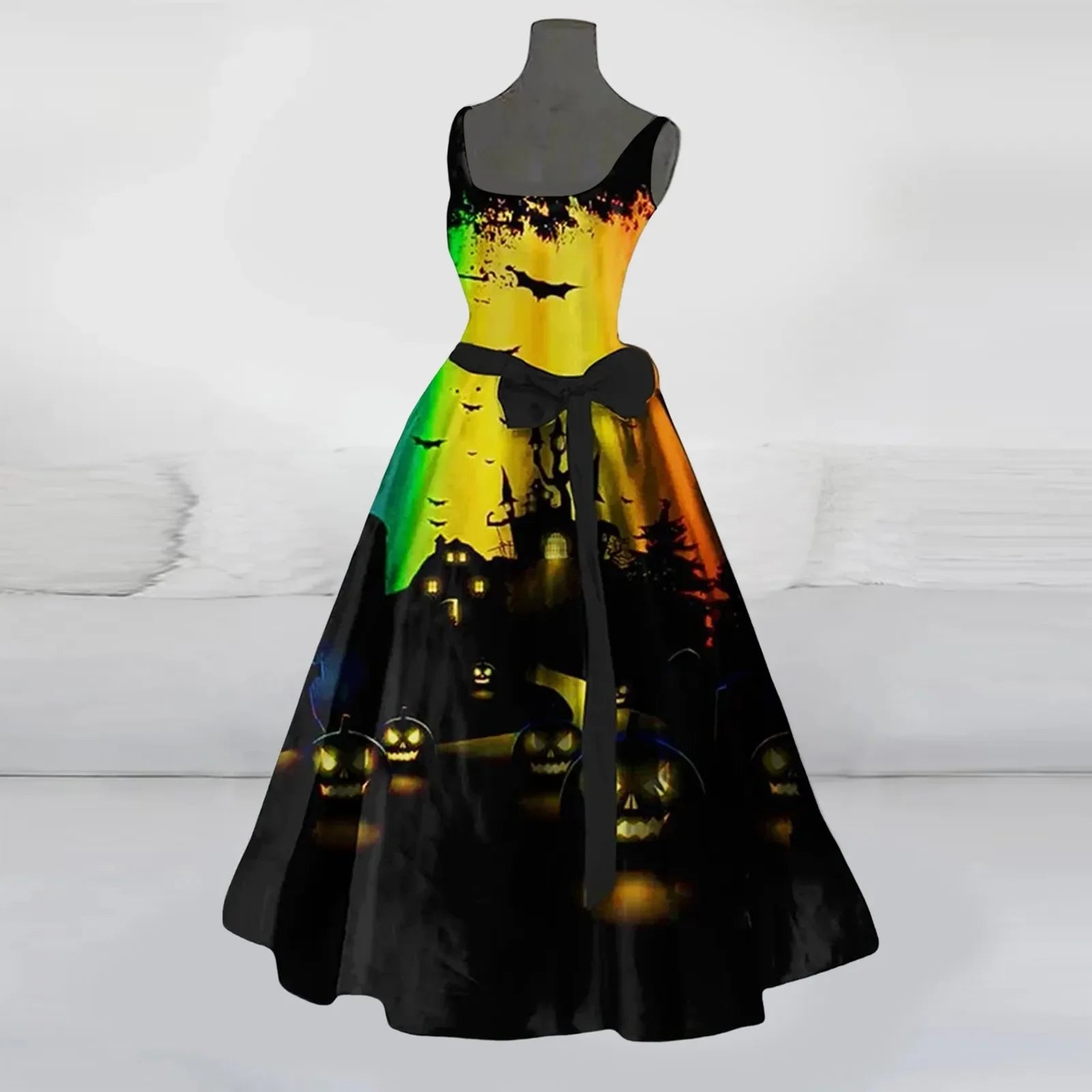 Funny Printed Sleeveless SlimFit Belted Halloween O Neck Streetwear Party Female Long Lady Skull Dress