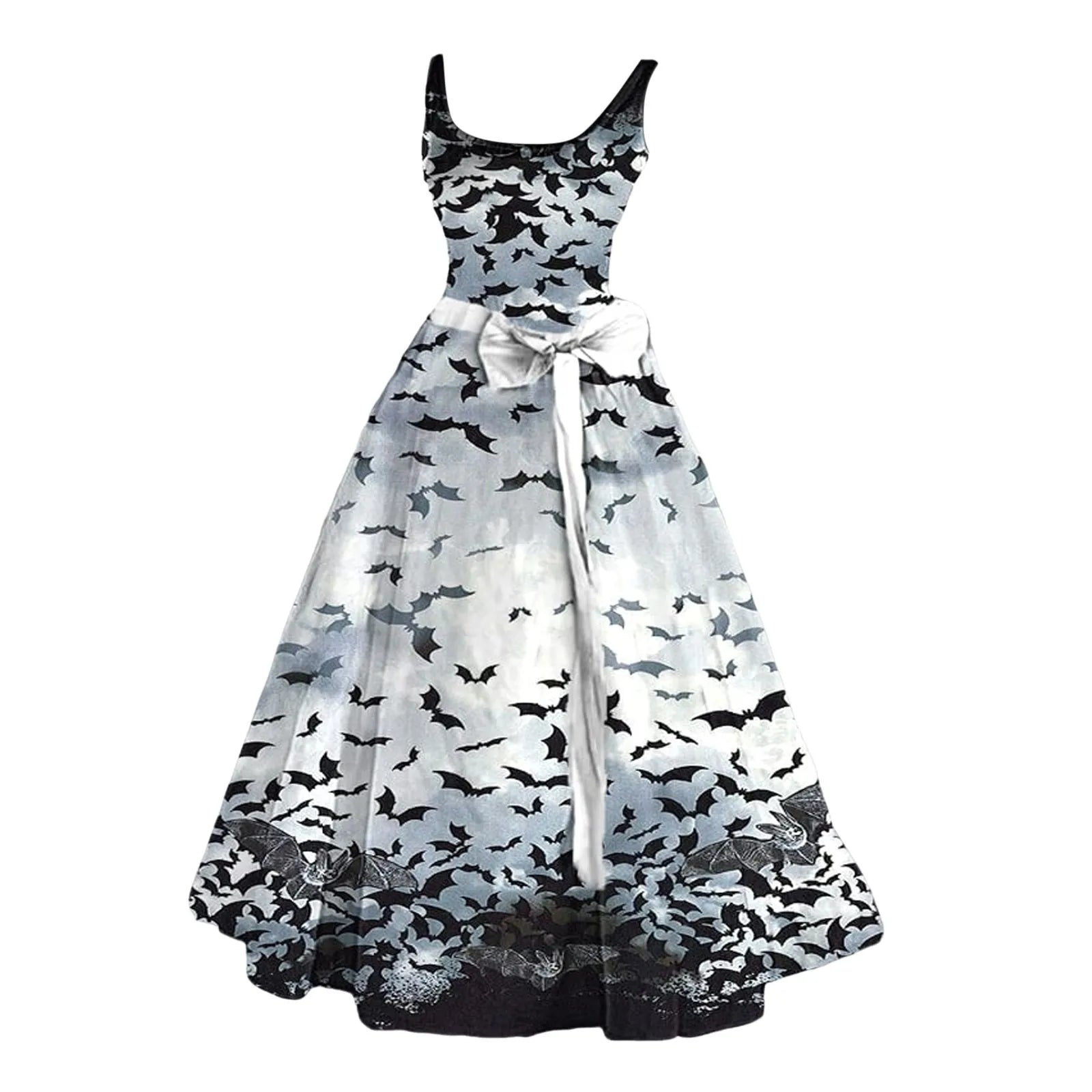Funny Printed Sleeveless SlimFit Belted Halloween O Neck Streetwear Party Female Long Lady Skull Dress